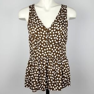 J. Crew Women's Jacquard Peplum Top Brown White Polka Dots Sleeveless Sz  10